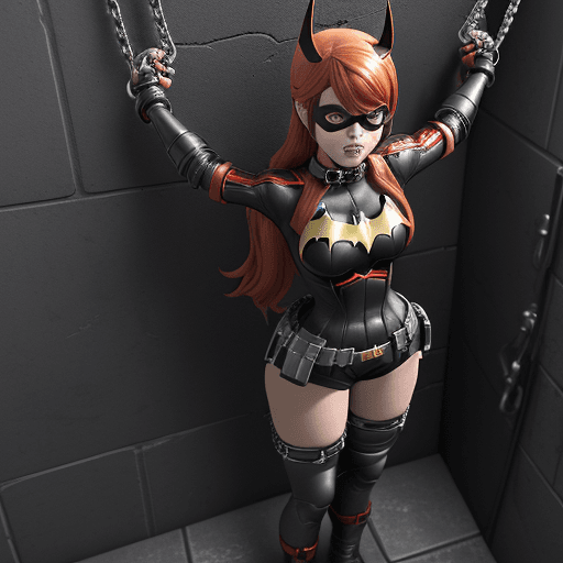 AI generated: A 3D anime-style render of a DC Comics scene where Batgirl is standing shackled to a wall of a villa...