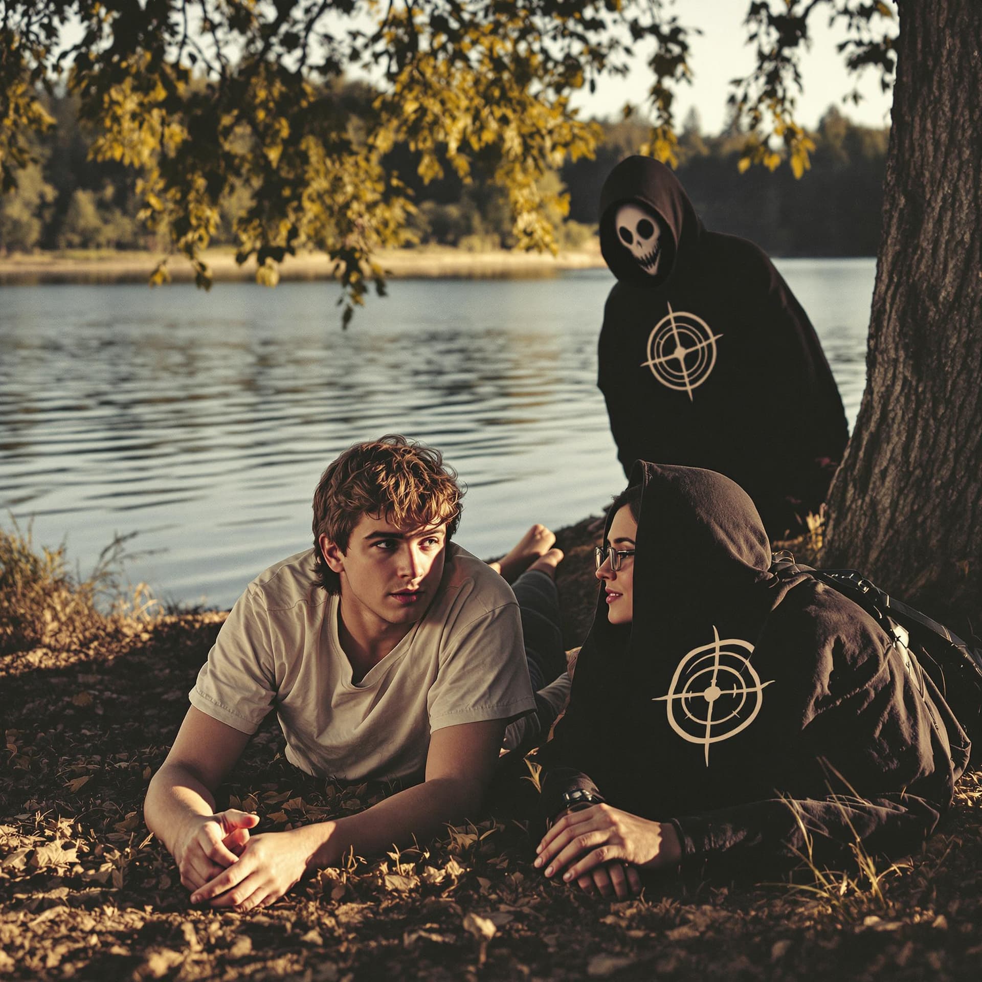 AI generated: Two college students, a boy and a girl are lying on the ground along the shoreline of a peaceful lak...