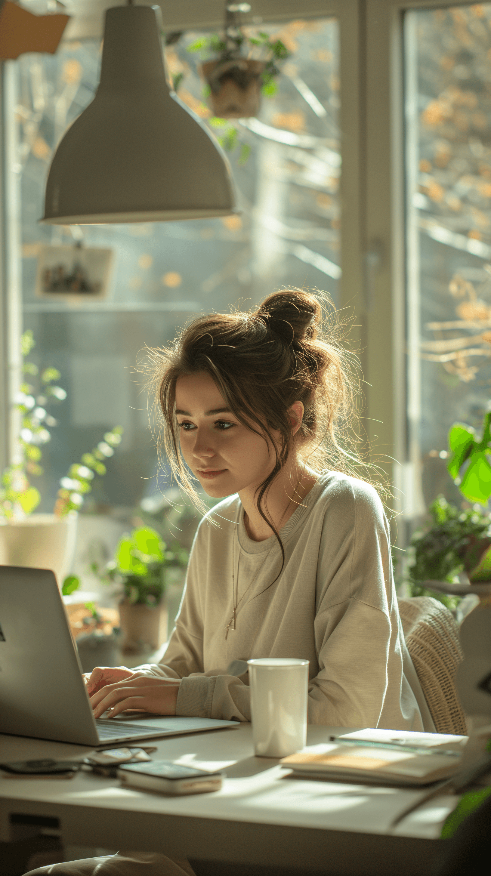 AI generated: minimalist workspace, focused designer woman at a white desk, high resolution photograph, used camer...