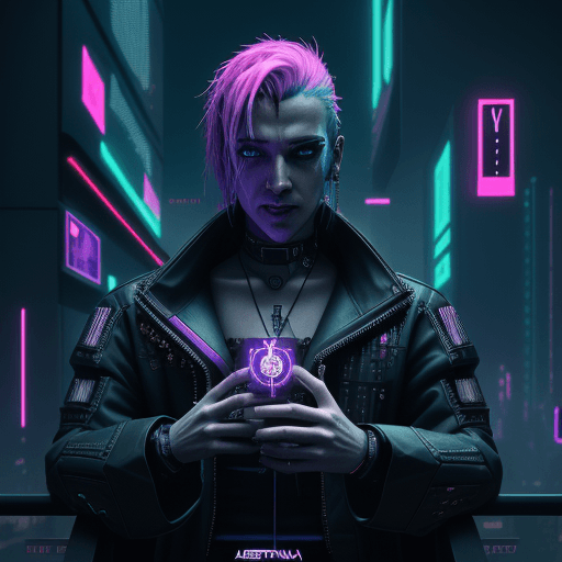 AI generated: Cyberpunk The Magician Tarot Card, Words "The Magician", High Contast, Neon, Cyberpunk, Futuristic, ...