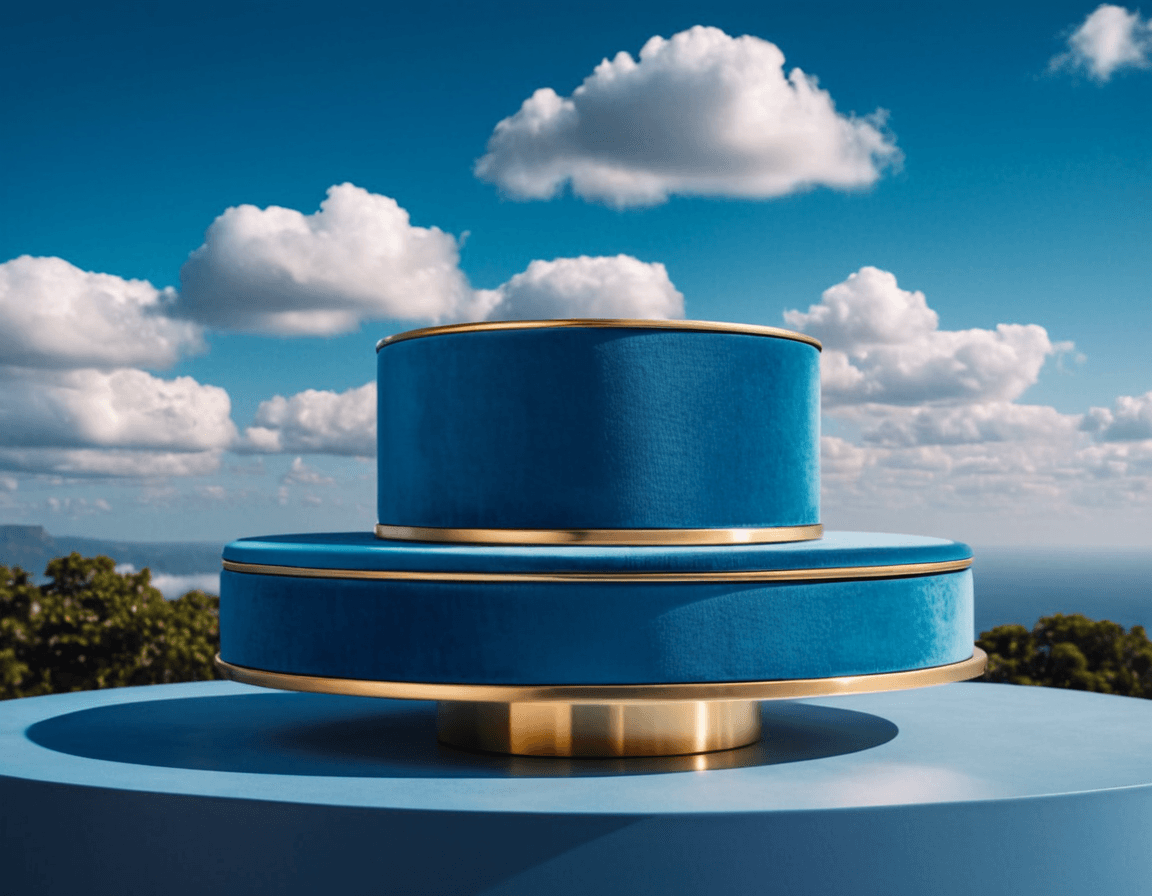 AI generated: Product photography, beautiful blue podium for product, super detalised and fashion, with puffy clou...