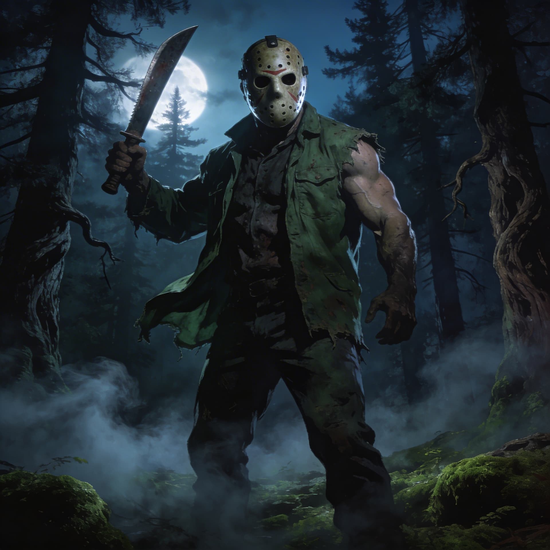 AI generated:  Jason Voorhees, known from the "Friday the 13th" horror series, standing in a forest ,misty,epic