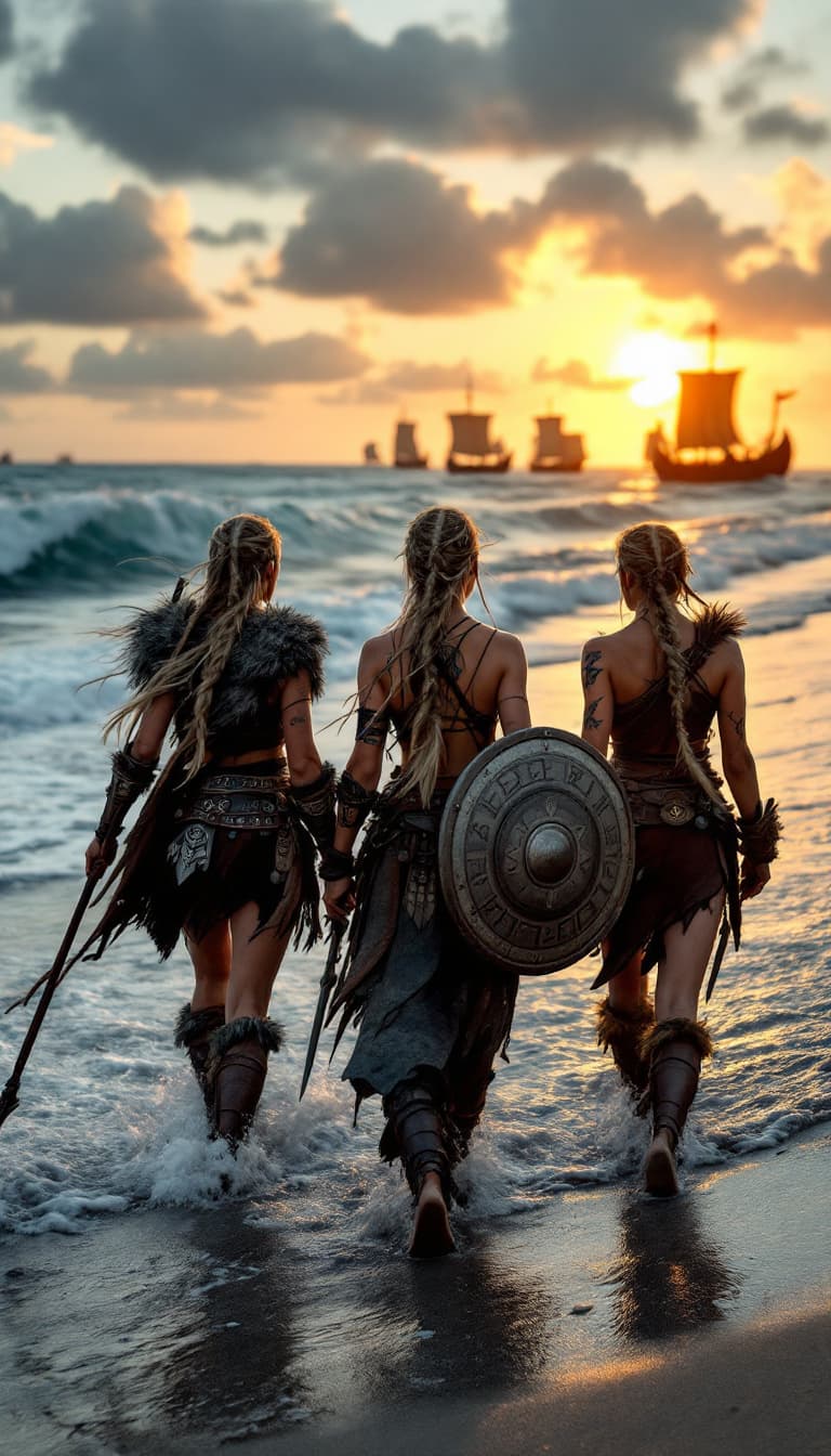 AI generated: A group of Viking warrior women walking confidently along a pristine beach, their braided hair flowi...
