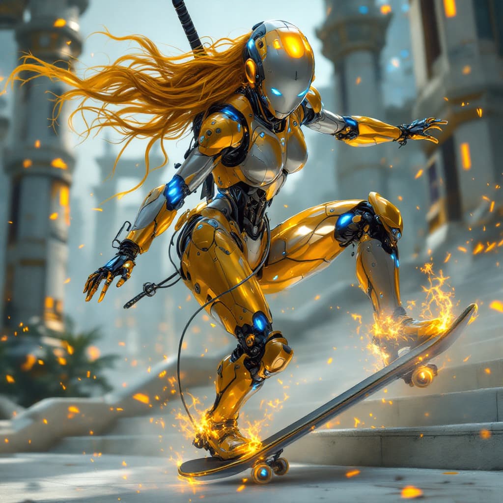 AI generated: in the style of ck-sfc, female cyberpunk sexy robot  skateboarding and jump, robot face beatiful, hy...