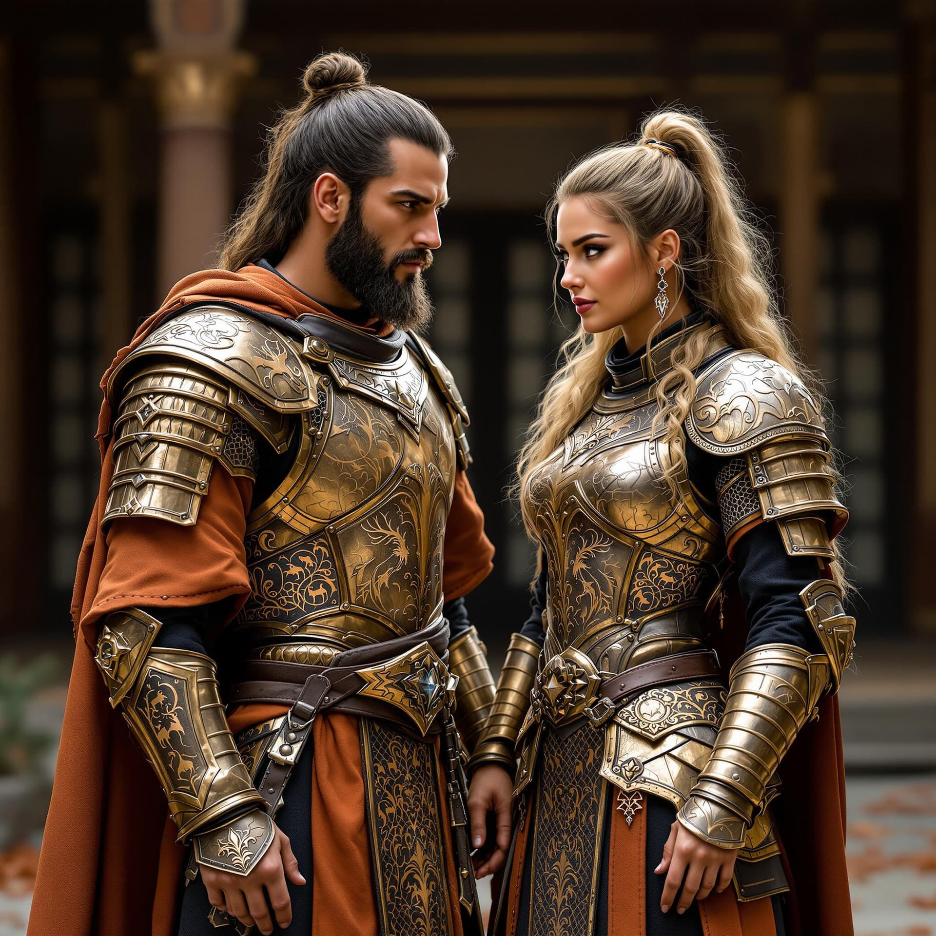 AI generated: A warrior man and woman in an ancient Iranian style dressed in a tunic set and black and orange leat...
