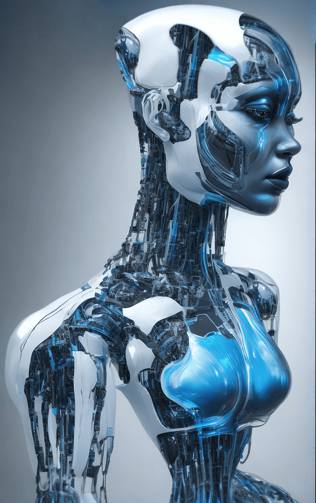 AI generated: half robot women, fine attention to anatomy, black, white, and florescent blue, relaxed, high dynami...
