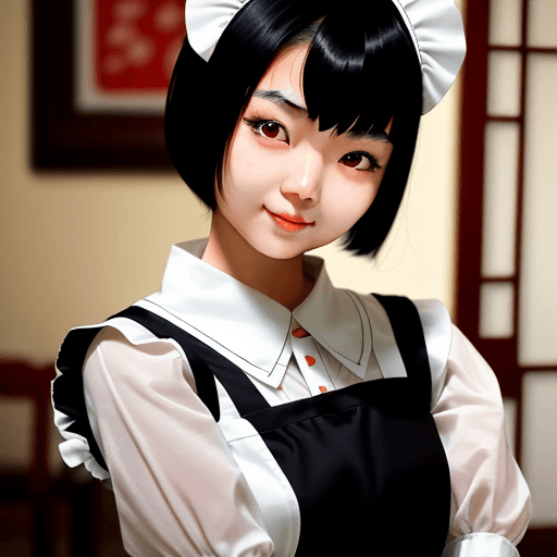 AI generated: Asian girl 21 years old, with maid costume, black short hair, hands under the chin making a cute pos...