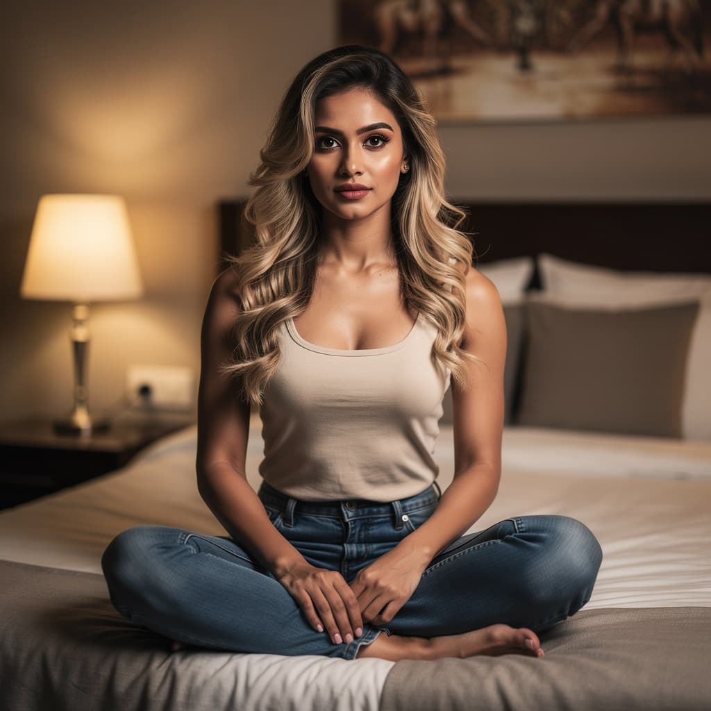 AI generated: A fit adult Indian beautiful goddess durga woman with soft, natural skin tones sits on a bed in a di...