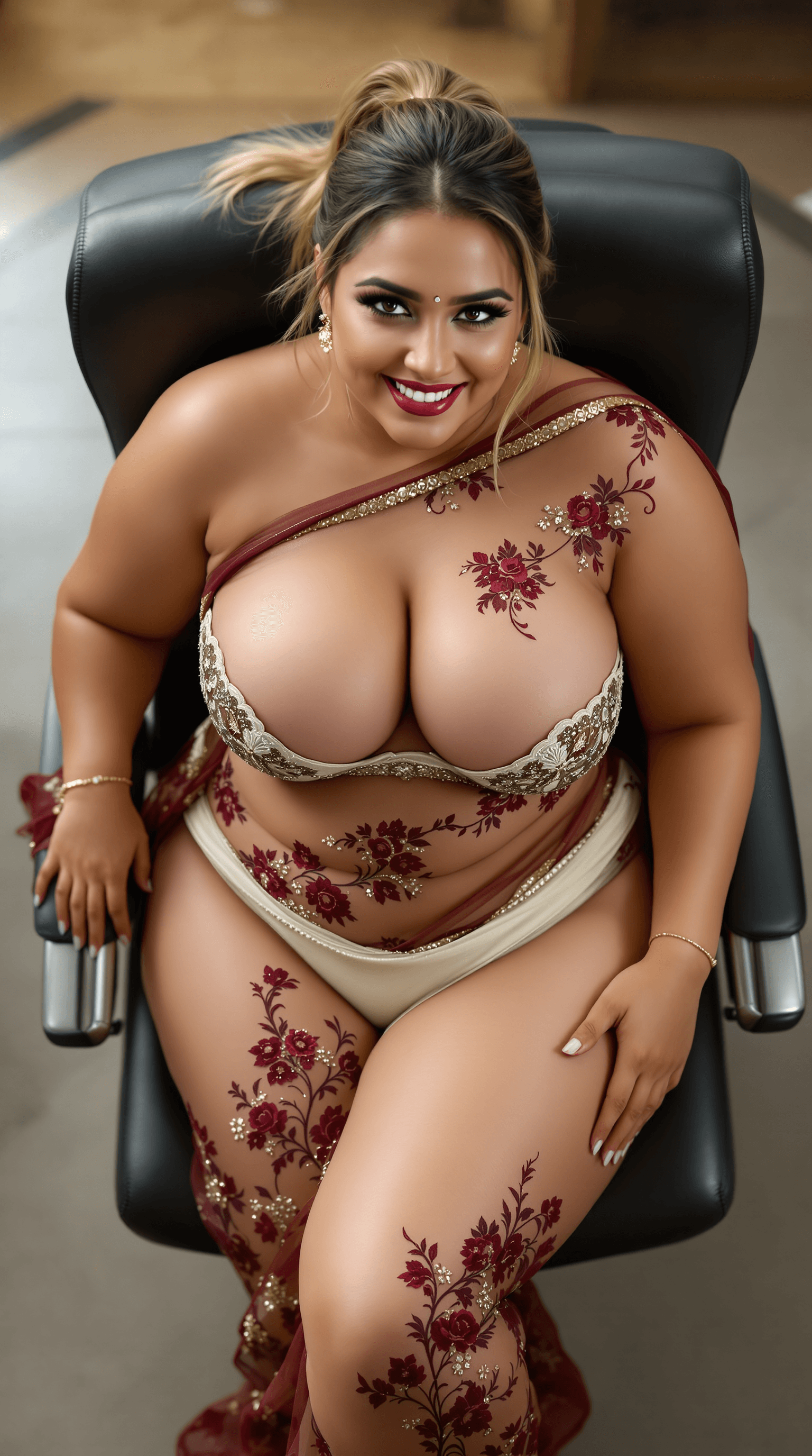 AI generated: Top view , full body image of a 25 year old plus sized hourglass figured Pakistani Selina sitting pn...