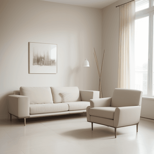AI generated: Photograph, contemporary living room, soft light of morning, integration of beige flooring and matte...