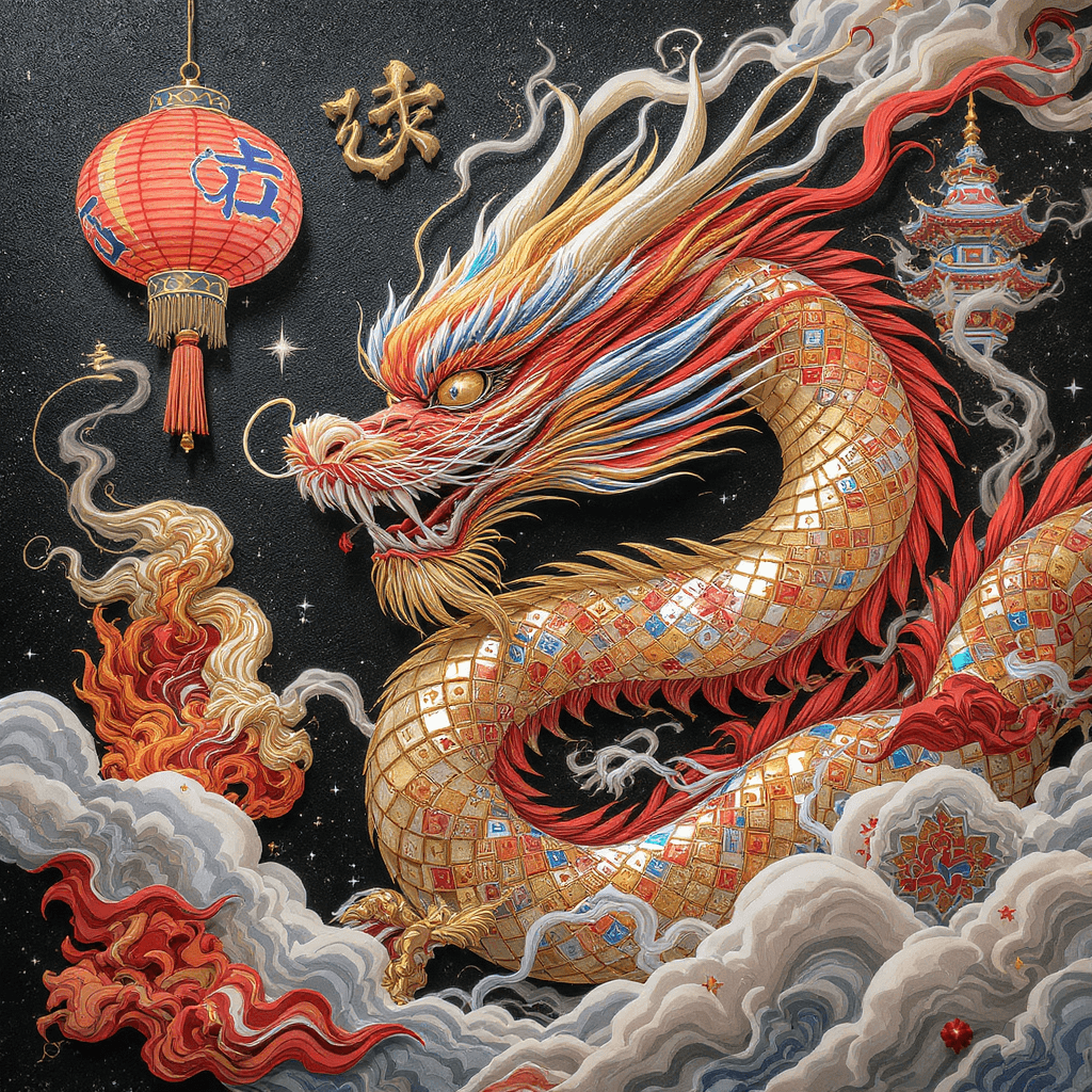 AI generated: realistic Lunar Year Cut Out Dragon intrinsic details and random patterns vibrant colors and smoke t...