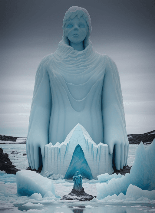 AI generated: On the desolate Ice Field, winter seascape and chilling energy, the supplicant reached tentatively f...