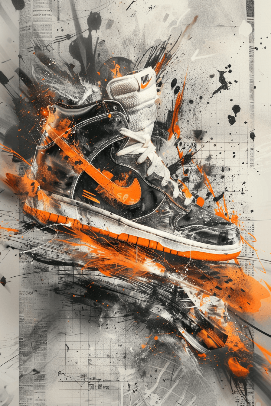 AI generated: a pair of Nike sneakers flying mid-air, exploding with dynamic energy, smoke and fiery orange splash...
