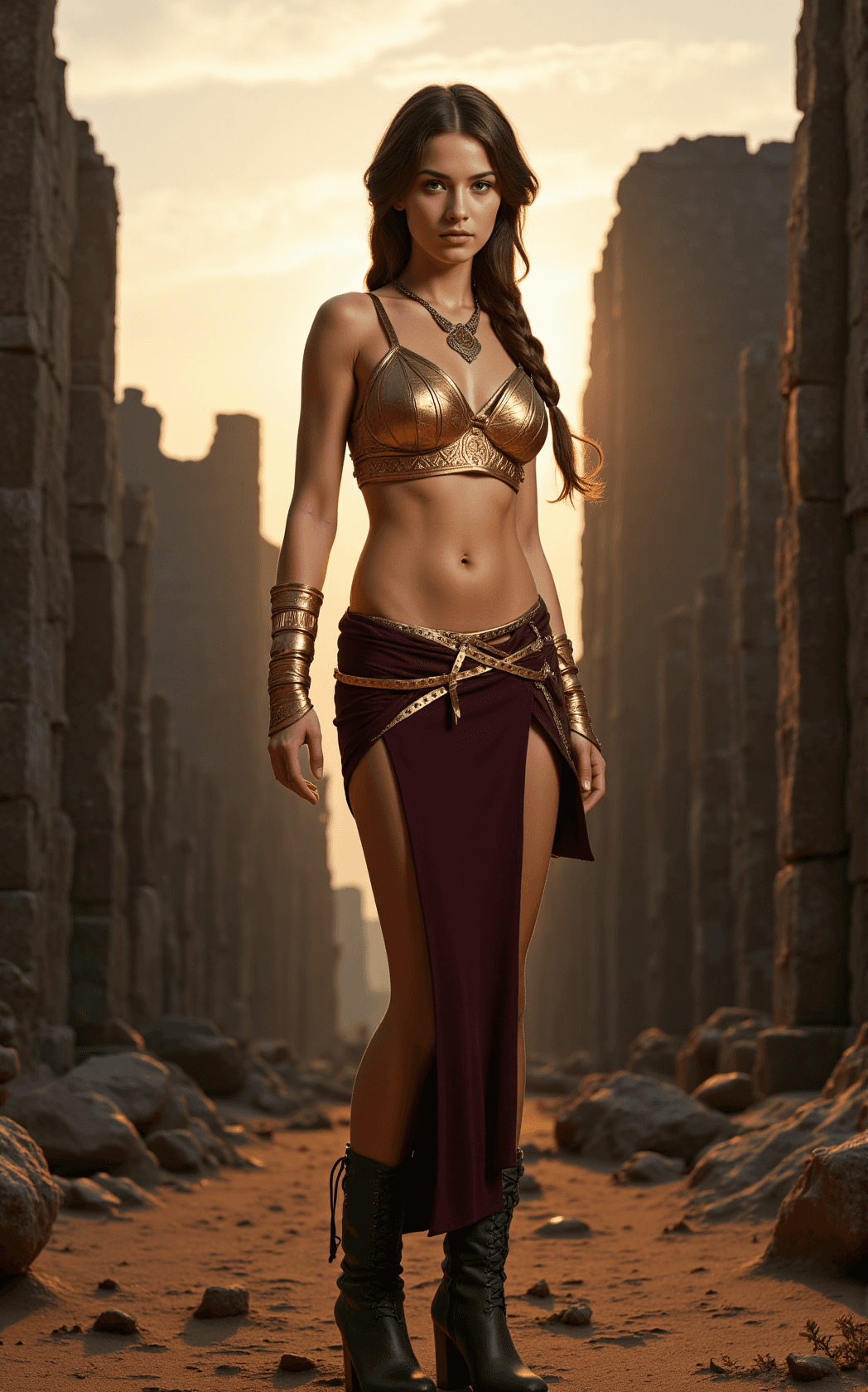 AI generated: A striking young female figure stands at the center, her athletic yet graceful body accentuated by a...