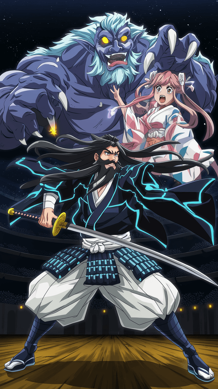 AI generated: anime drawing of a longbearded young man holding a katana in anime style, studio, samurai clothes in...