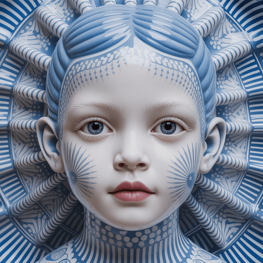 AI generated: surreal, psychedelic. a young girl's face made out of porcelain, in the style of balanced symmetry, ...
