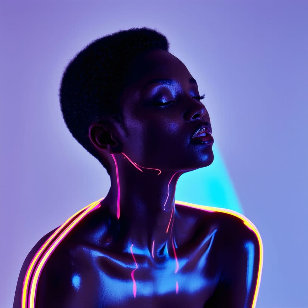 AI generated: fashion editorial, a close up portrait of a dark shorthaired beautiful naked woman with closed eyes ...