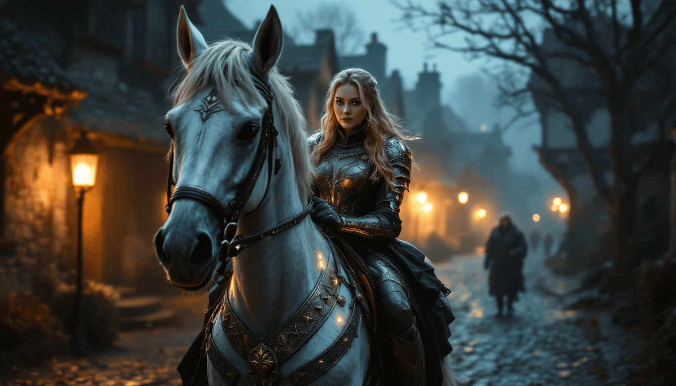 AI generated: /imagine Tip: A stunningly realistic portrait taken at dusk of a blonde woman pulling a white charge...