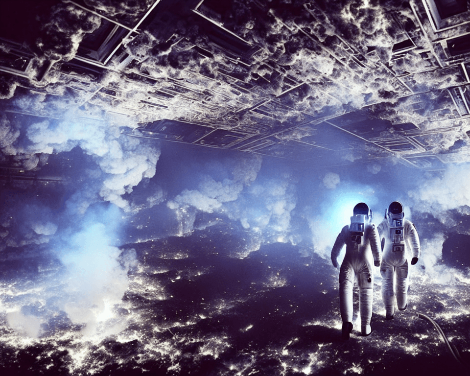 AI generated: two   white suited astronauts are  running wild in a futuristic smoky corridor in a spaceship. the r...