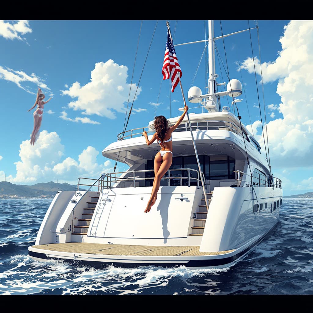 AI generated: a 150 foot yacht with a striper pole on the stern of the boat with attractive woman hanging on it, h...