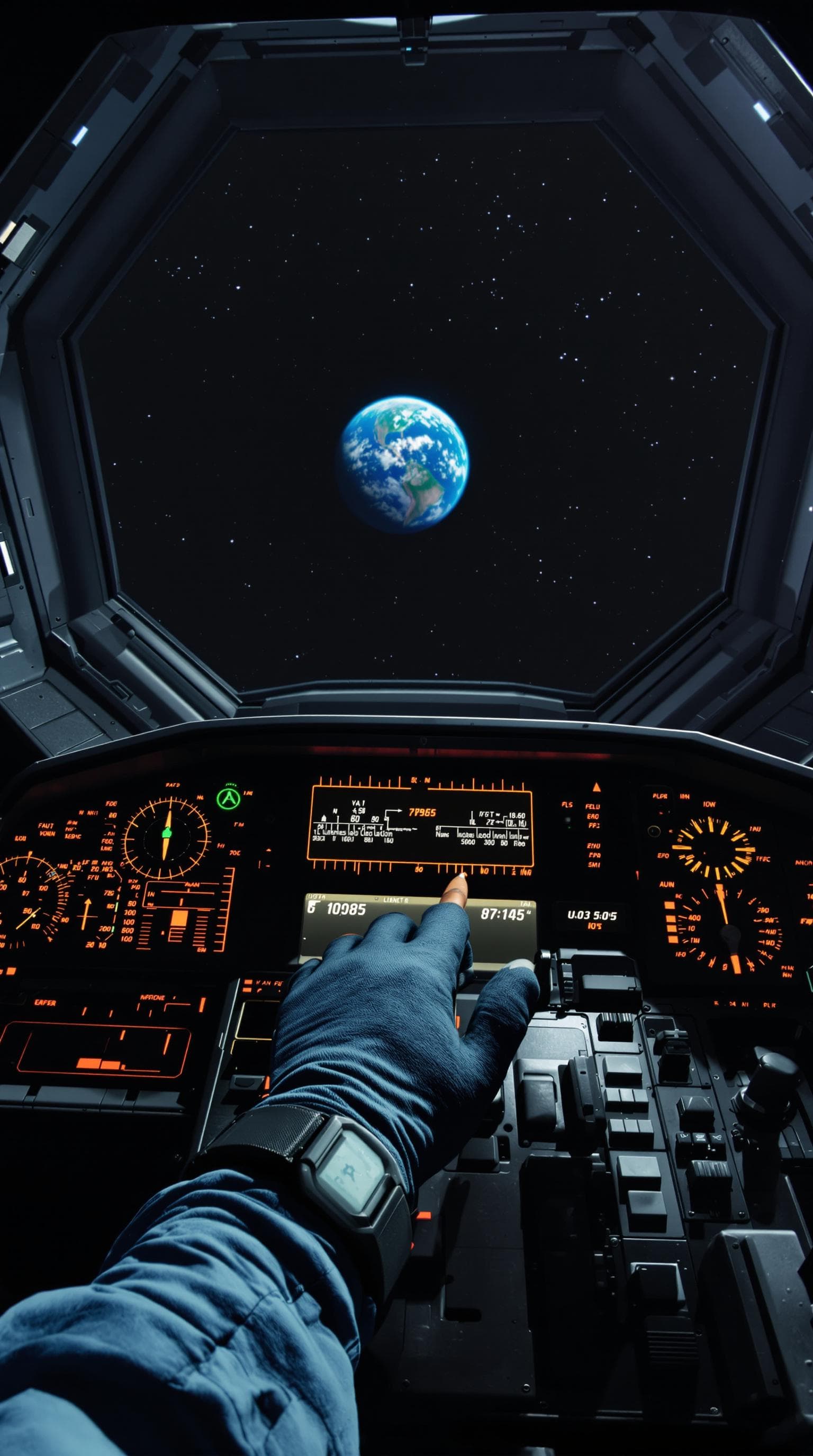 AI generated: First person POV from command module seat, gloved hand on control panel, Earth growing smaller throu...