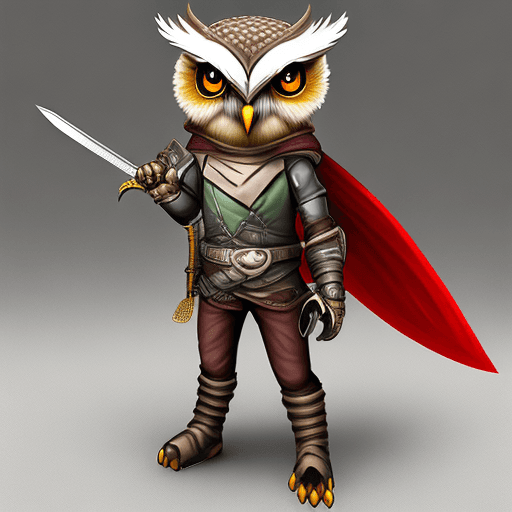 AI generated: owl humanoid ranger, chibi, sword, whip