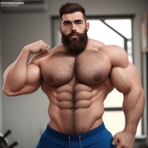 AI generated:  hot muscle male bearded with big bulge and hairy chest and flexing