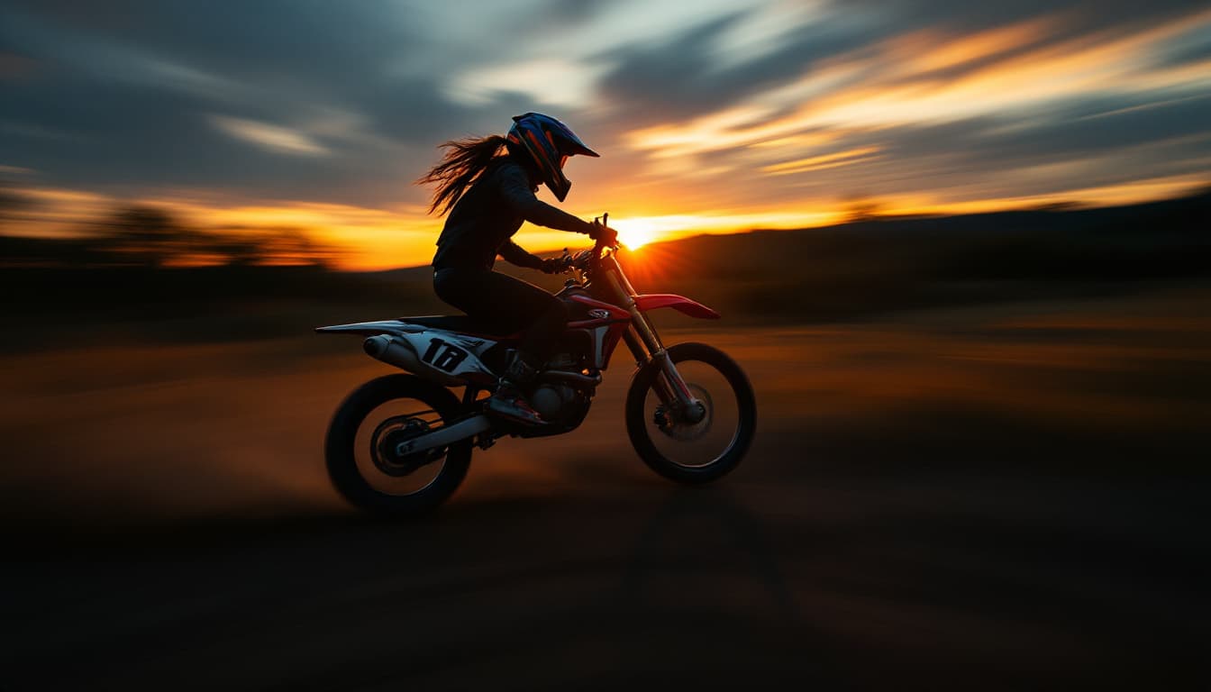 AI generated: ,long exposure photo of a woman on motocross in motion, blurred edges, slow shutter speed motion pan...