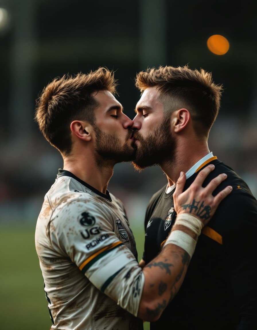 AI generated: two young, 18 years old, rugby men kissing on a rugby field
