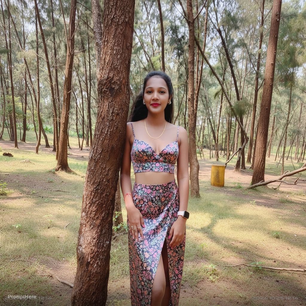 AI generated: satin bustier, floral pattern, long satin skirt with slit, floral pattern, sexy poses in different p...