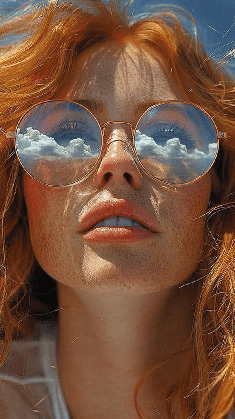 AI generated: portrait of a young woman with red hair wearing round glasses, a blue sky and clouds reflecting in h...
