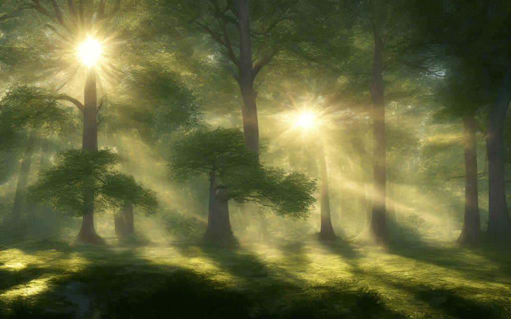 AI generated: An old forest with big trees. Light rays from the sun are shining through the leaves. In the center ...