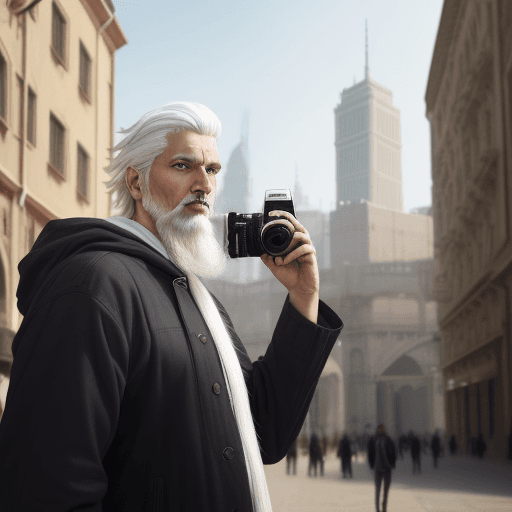 AI generated: a white hair man with goatee, tall wondering nomad, holding a camera, modern clothing, 
 with discov...