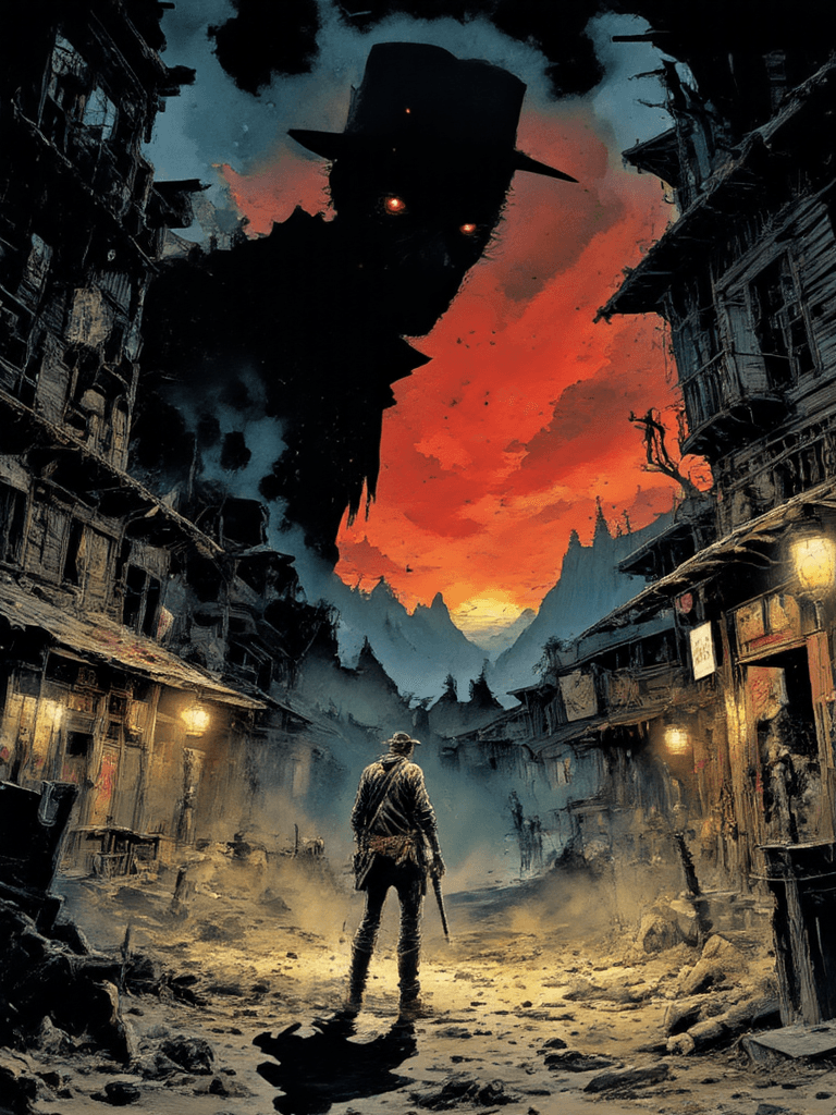 AI generated:     A gritty, dark-toned illustration of Lucky Luke in a desolate Wild West town at dusk, his lean f...