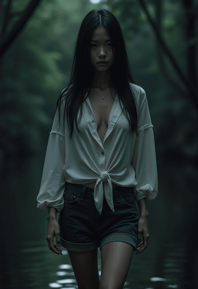 AI generated: (night, dark, dimly lit:1.1), Asian woman, loose unbuttoned blouse, blouse tied at the bottom, short...
