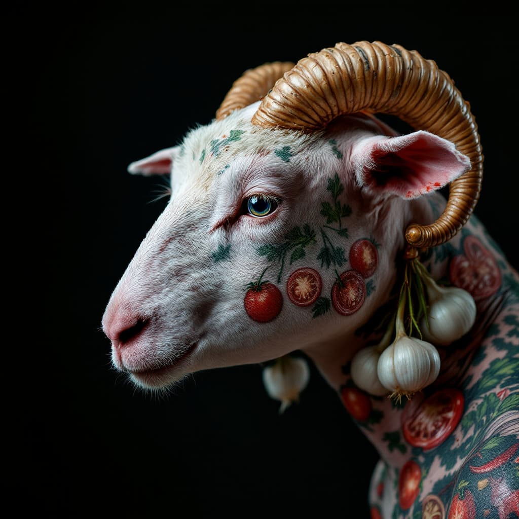 AI generated: photo close up, studio portrait, hairless, shaved, no hair , bald shaved big fat lamb tattooed with ...