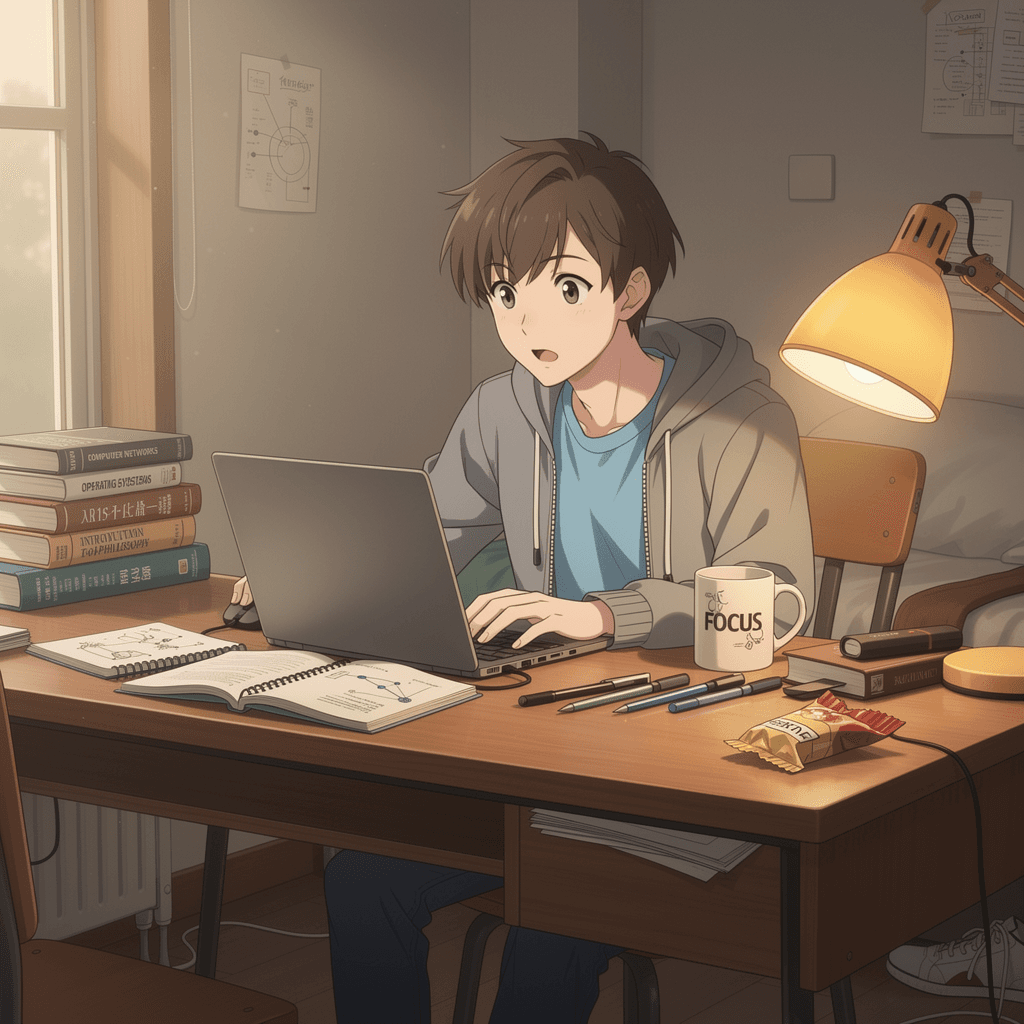 AI generated: Create an anime-style flashback scene of young Mason during his first cyber attack, age 19-20, the m...