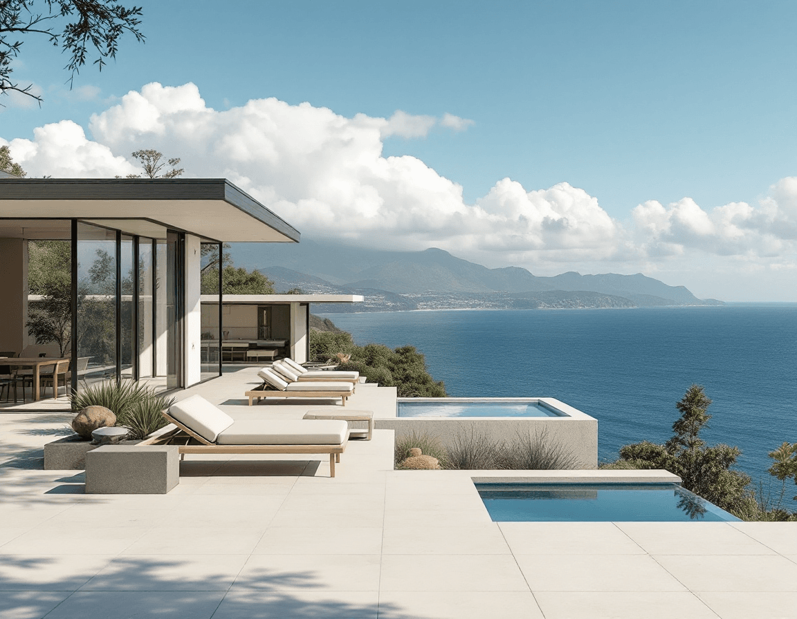 AI generated: Hyper realistic eye level exterior photo of a mid century modern style house overlooking the ocean, ...