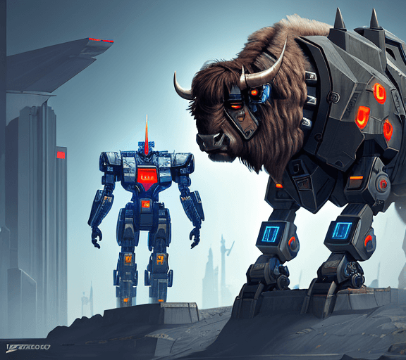 AI generated: cyborg bison in the wild futuristic robot implants