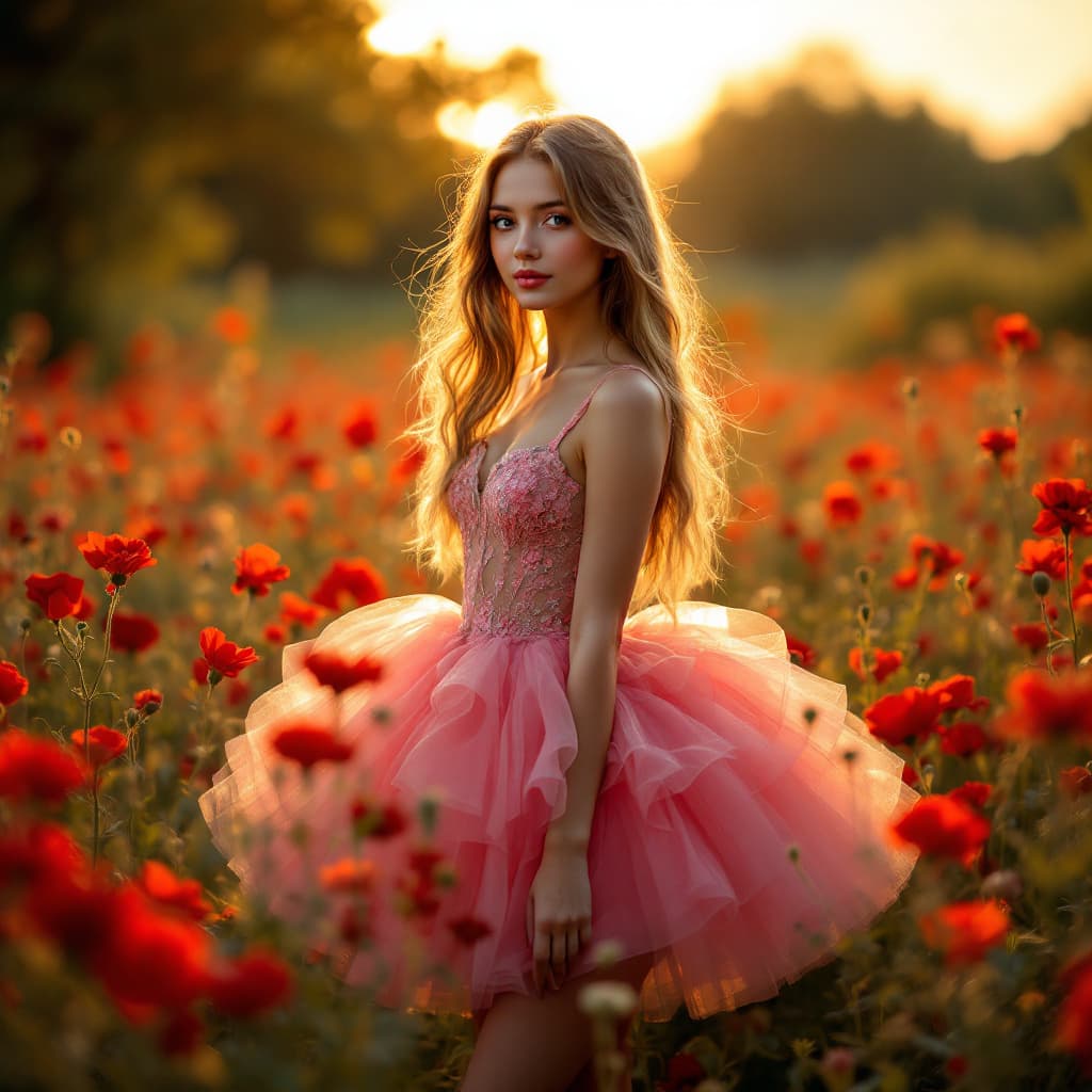 AI generated: A beautiful girl in a Tutu dress, in the middle of a field full of red flowers, with sunset light, l...