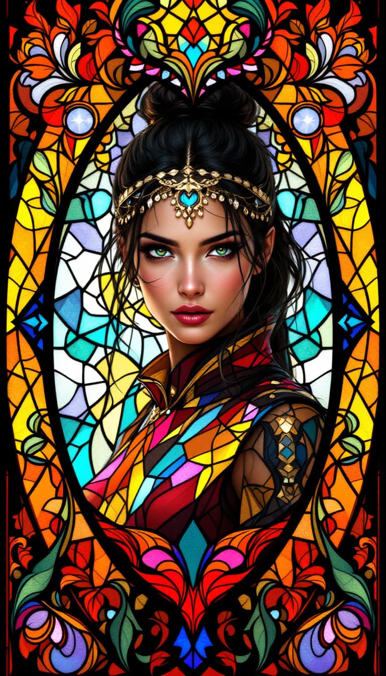 AI generated: A stained-glass-style digital illustration of a Rule 63, full-body female archer, with esthetically ...