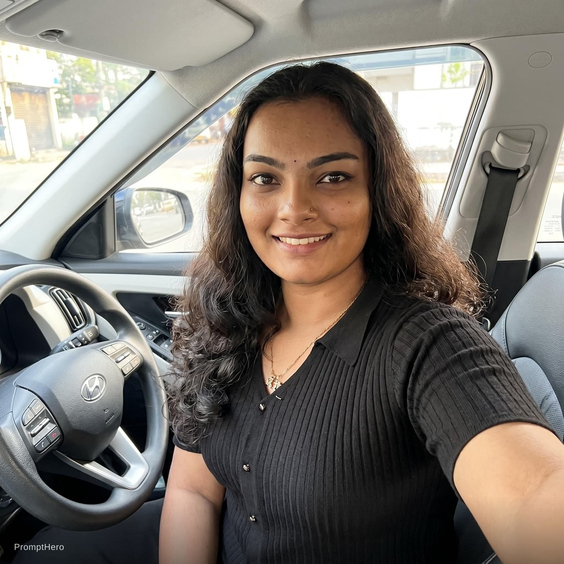 AI generated: this woman, but inside the car in the driver's seat, recording herself in selfie mode