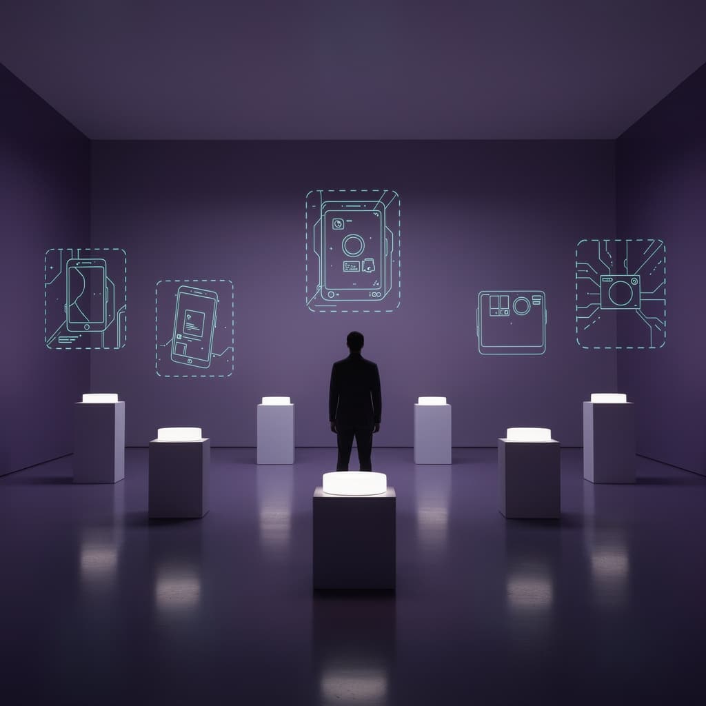 AI generated: figure seen from behind standing in empty room with faint outlines of 
where devices would be, ghost...