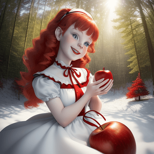 AI generated: Wearing a Snow White dress, red on the head, red on the big ribbon neck, bright white hair, bright b...