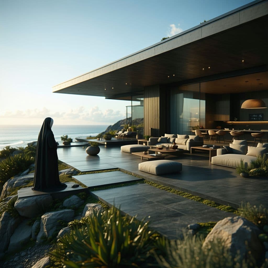 AI generated: Hyper realistic eye level exterior photo of a mid century modern style house overlooking the ocean, ...