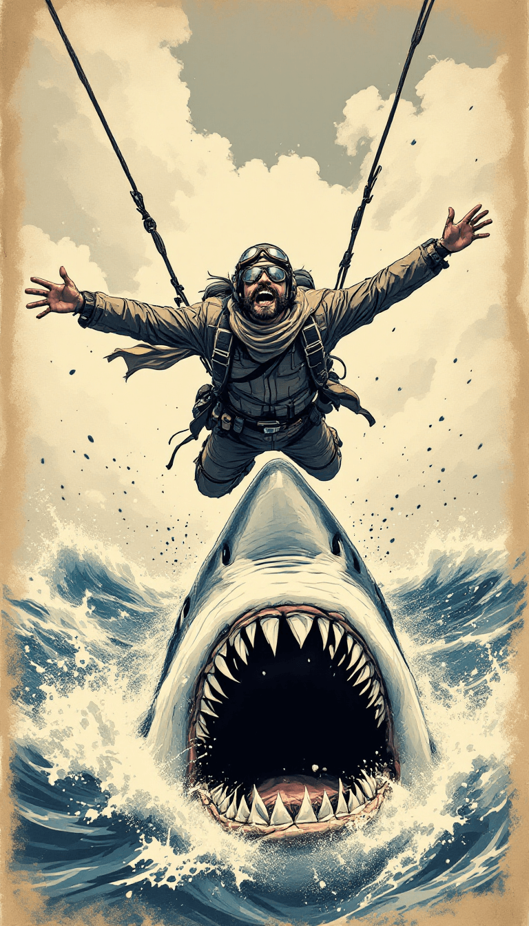 AI generated: A dramatic, high-contrast vintage-style illustration of a fearless, mustached adventurer bungee jump...
