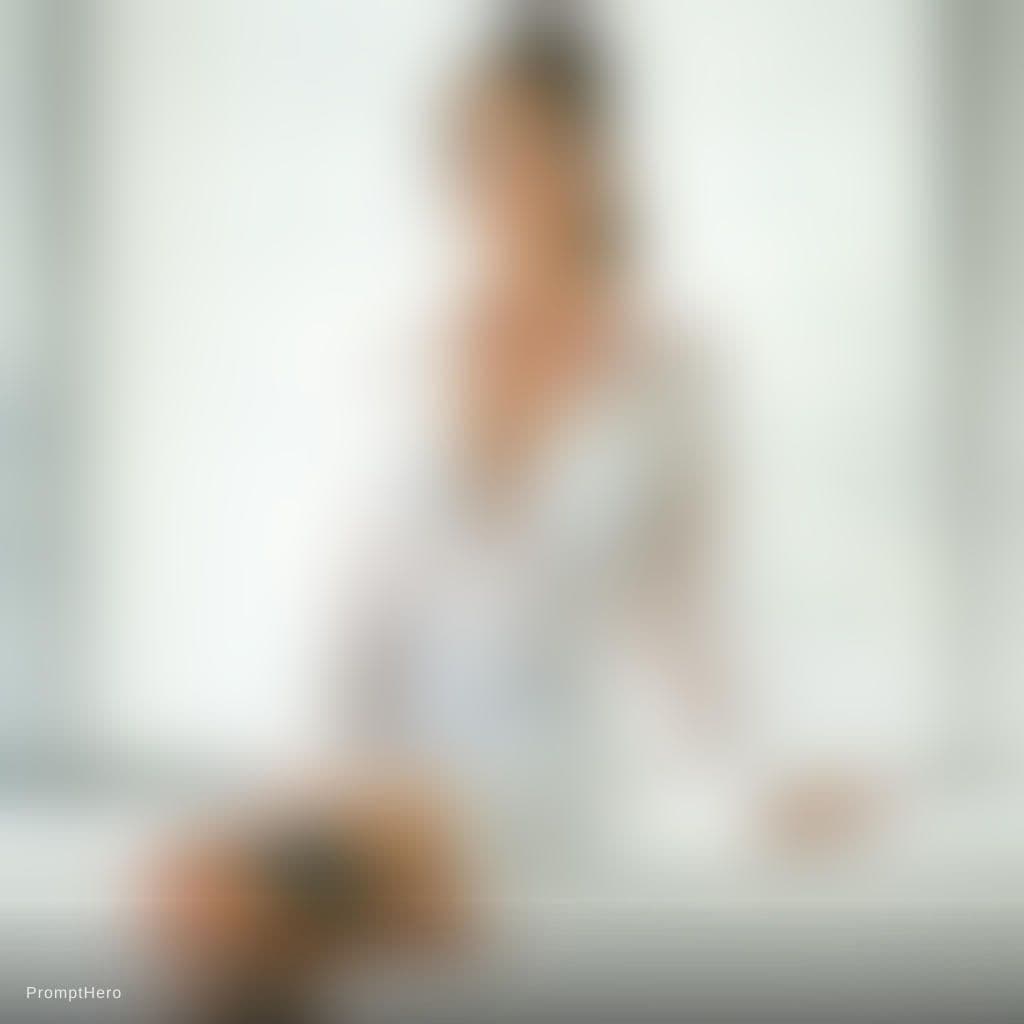 AI generated: A stunning and attractive woman in a modern, bright room with white walls and horizontal blinds in t...