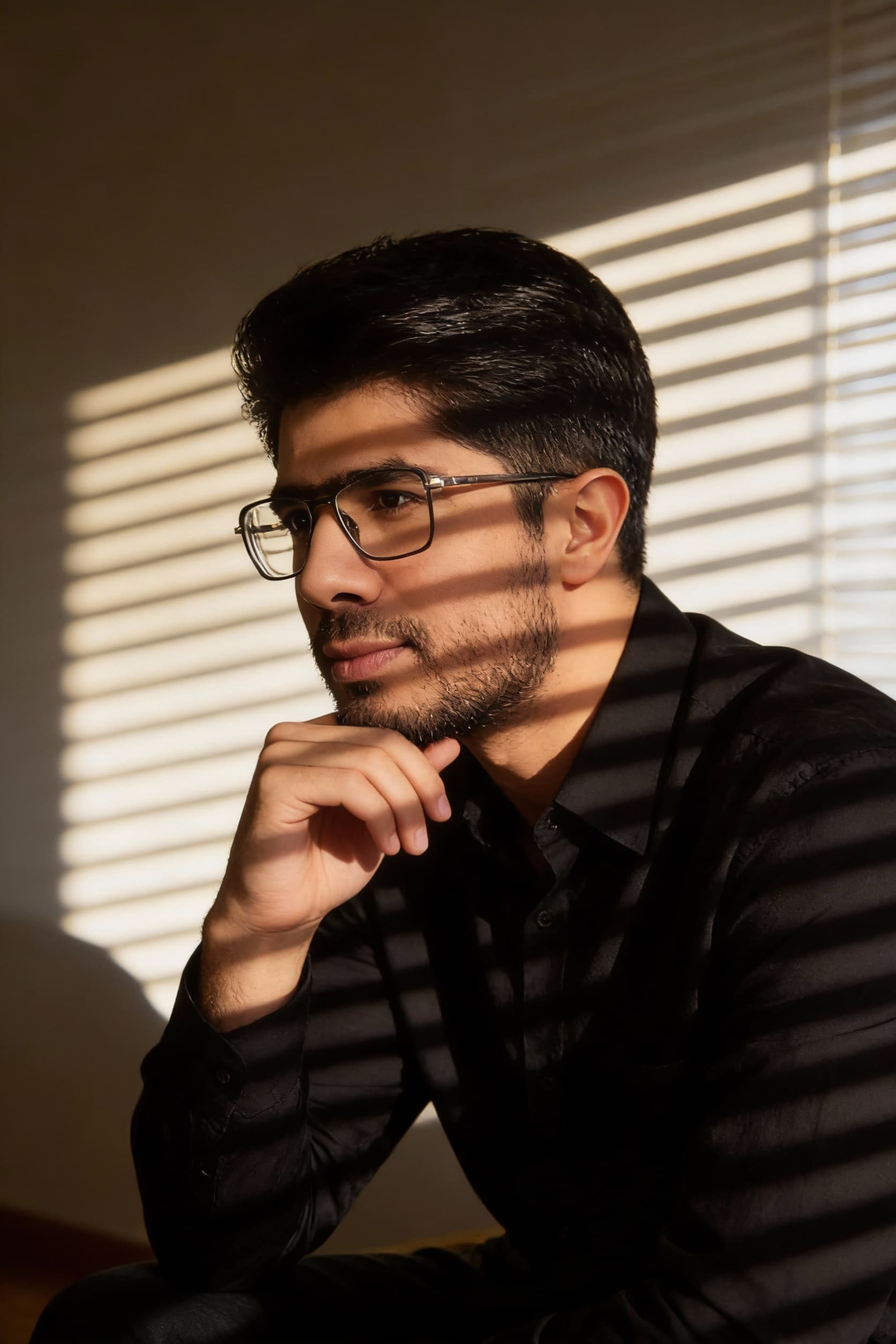AI generated: A contemplative man with short dark hair and facial hair, wearing a black shirt, sitting indoors wit...