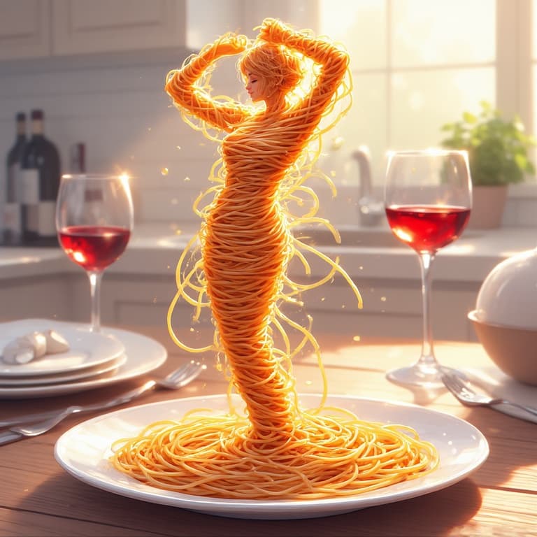 AI generated: Create a whimsical and artistic scene featuring a single human-like figure made entirely of spaghett...