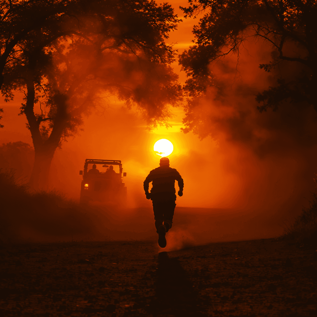 AI generated: "Cinematic scene, silhouette of the uploaded image running towards the camera on a dirt road at suns...